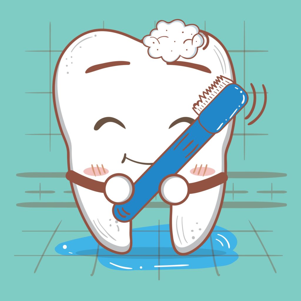 happy cartoon tooth hugging a toothbrush